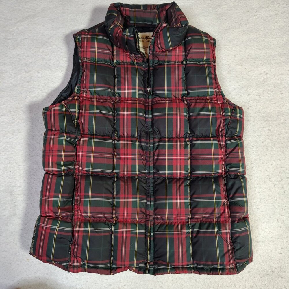 Eddie Bauer Goose Down Vest Womens Plaid Red Green Black Full Zip Puffer - Picture 2 of 16